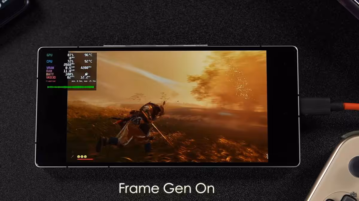 DroidDeck connectée en USB-C affichant un jeu avec génération d’images activée