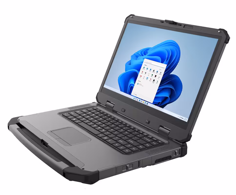 PC portable durci DT Research LT365PA ouvert, vu de trois quarts avant droit