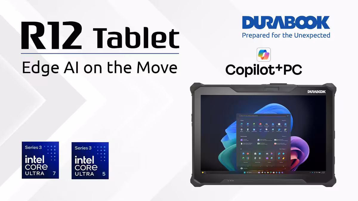 Visuel promotionnel Durabook R12 Tablet Copilot+ PC avec processeurs Intel Core Ultra 7 et Ultra 5