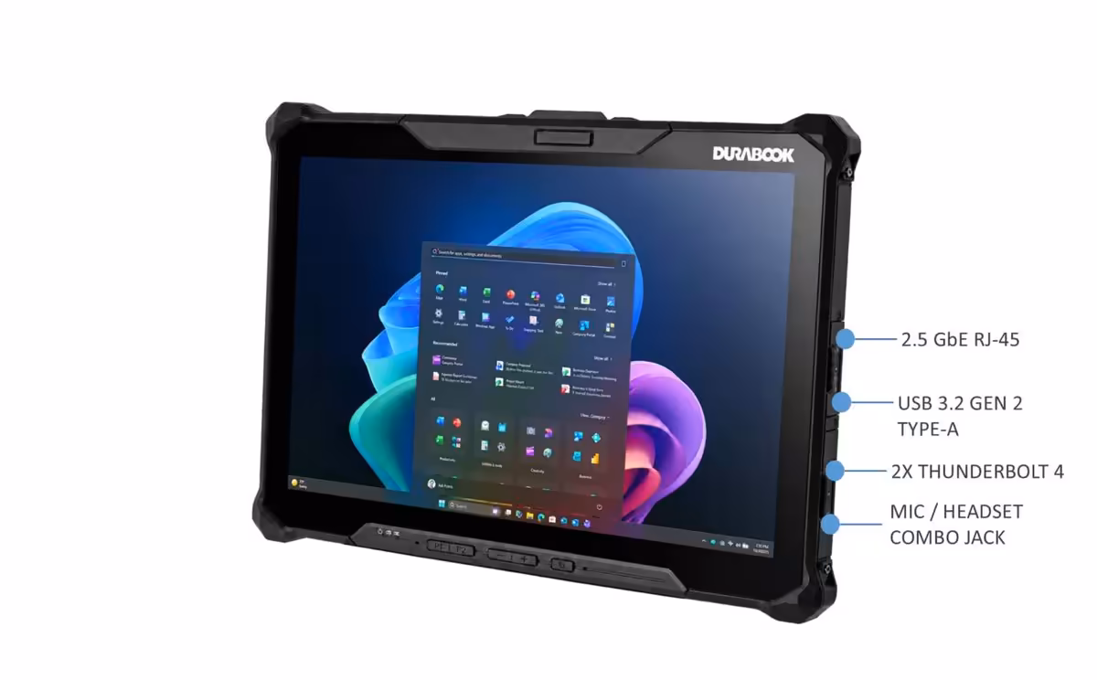 Tablette durcie Durabook R12 avec annotations des ports Ethernet 2,5 GbE, USB-C et Thunderbolt 4