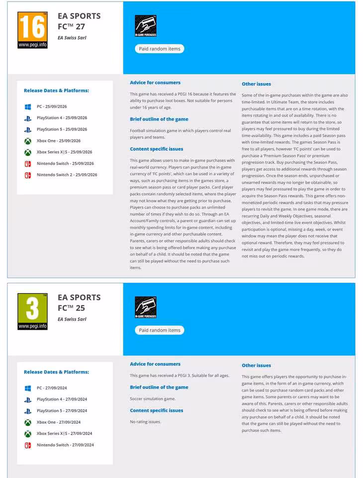 EA Sports FC 27 passe PEGI 16 en Europe à cause des packs aléatoires payants 3 Comparatif des classifications PEGI 16 d’EA Sports FC 27 et PEGI 3 d’EA Sports FC 25
