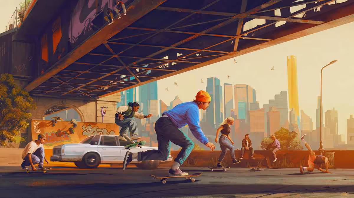 Scène urbaine de skateboard sous un pont, illustration promotionnelle du projet Les Sims abandonné par EA