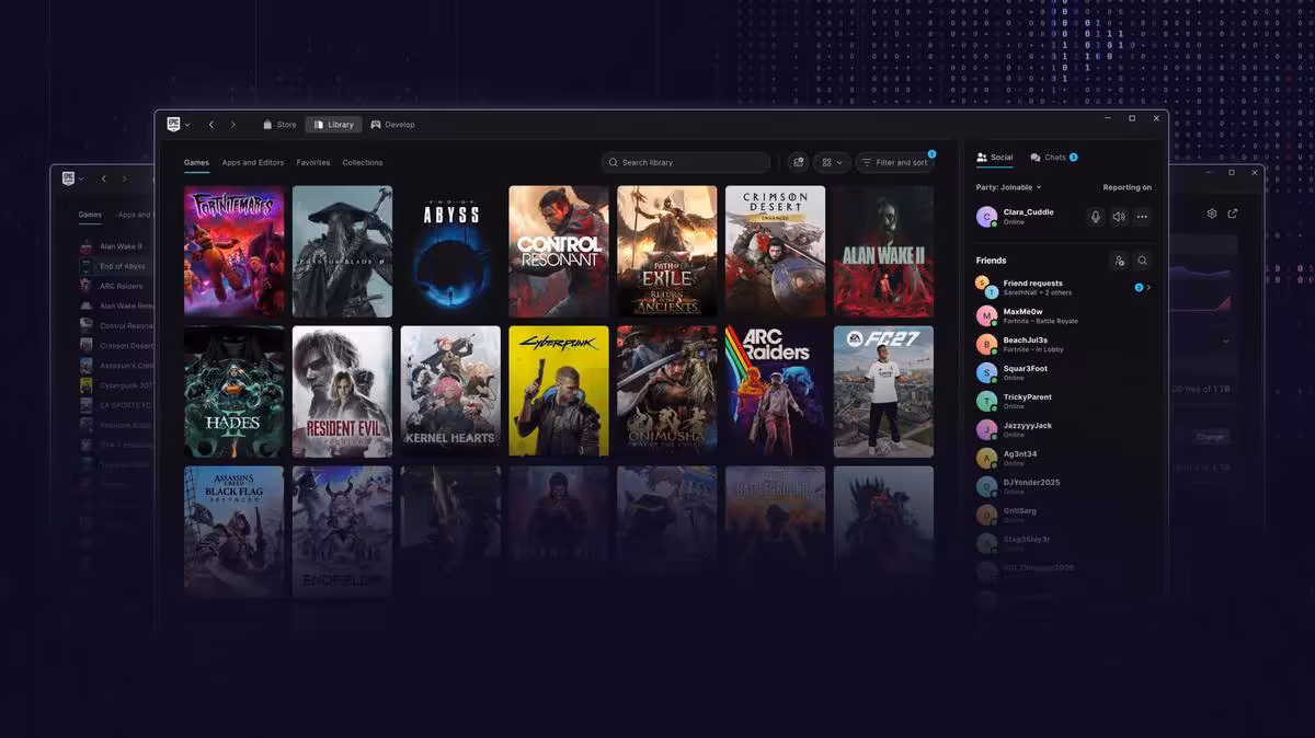 Epic Games Launcher : cette nouvelle version démarrerait 46 % plus vite que Steam 5 Visuel promotionnel de l’Epic Games Launcher montrant sa bibliothèque de jeux et liste d’amis