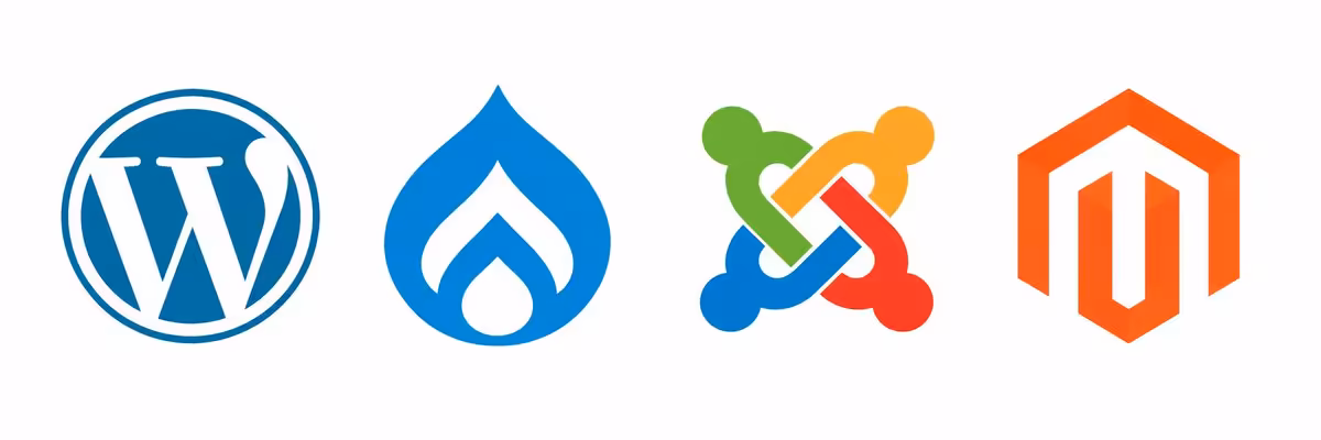 Failles PHP critiques : des millions de sites exposés à une prise de contrôle 3 Logos des CMS WordPress, Drupal, Joomla et Magento sur fond blanc