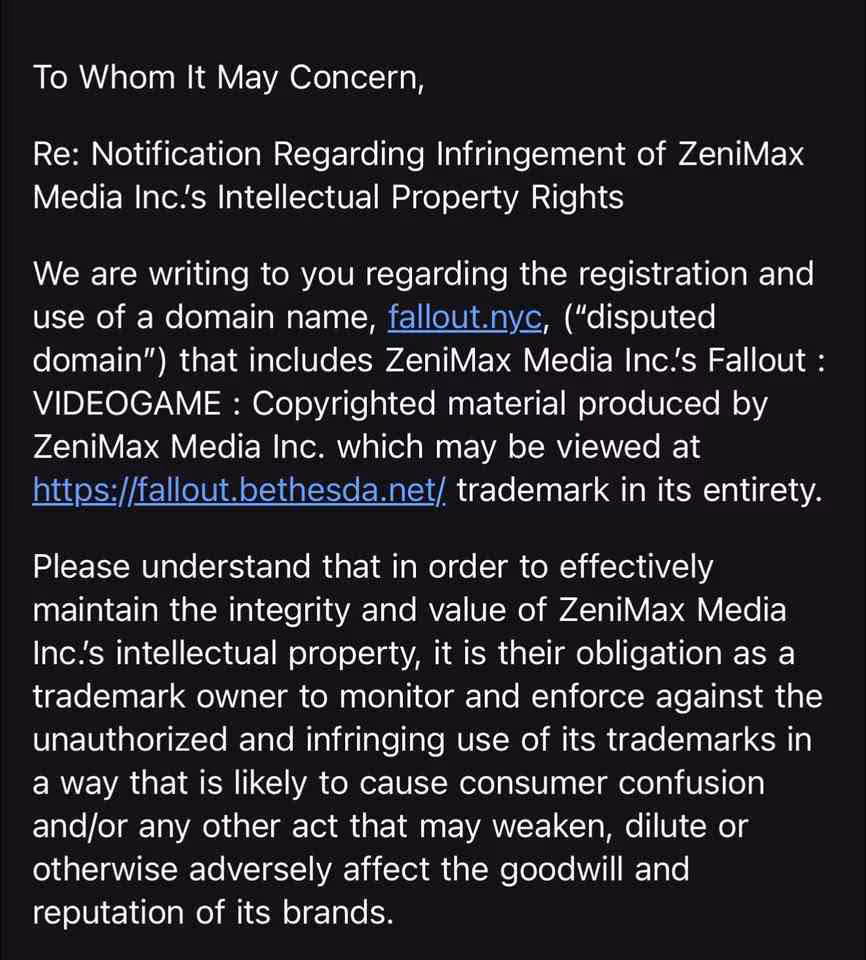 Lettre de mise en demeure de ZeniMax Media visant le nom de domaine fallout.nyc