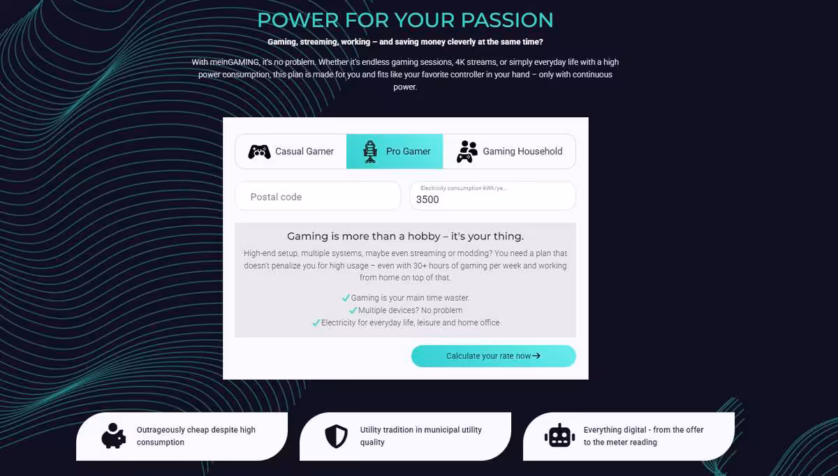 Page web SWK Energie « Power for your passion » présentant des forfaits électricité pour gamers
