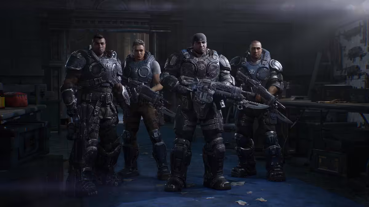 Gears of War E-Day démarre timidement sur Steam avec 31 517 joueurs simultanés 2 Quatre soldats en armure lourdement équipés dans un atelier sombre de Gears of War E-Day