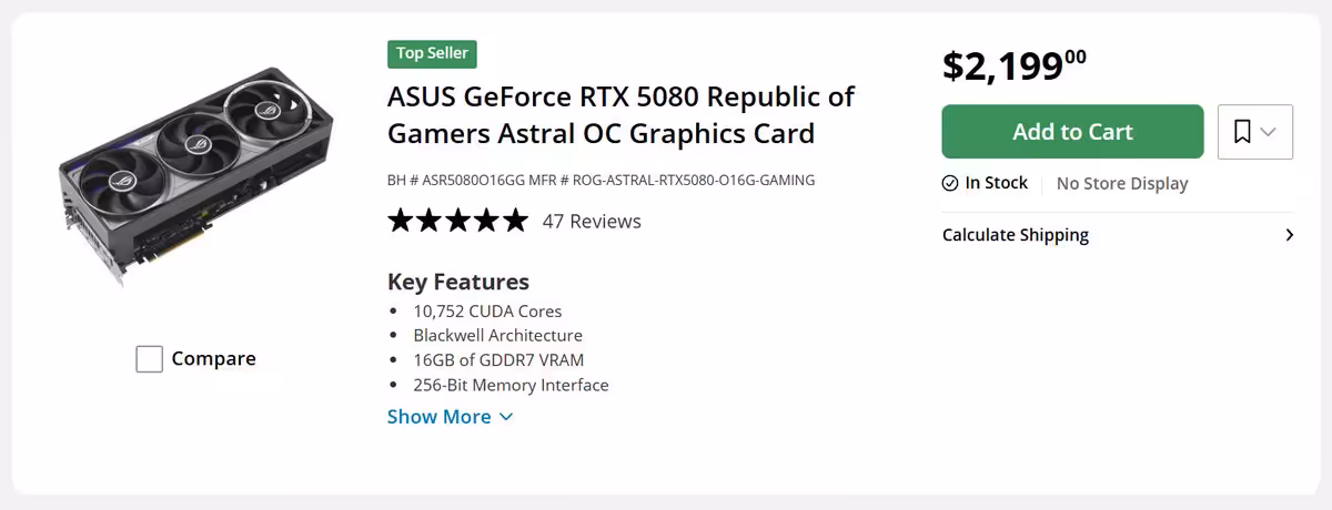 Fiche produit ASUS GeForce RTX 5080 Republic of Gamers Astral OC à 2 199 dollars