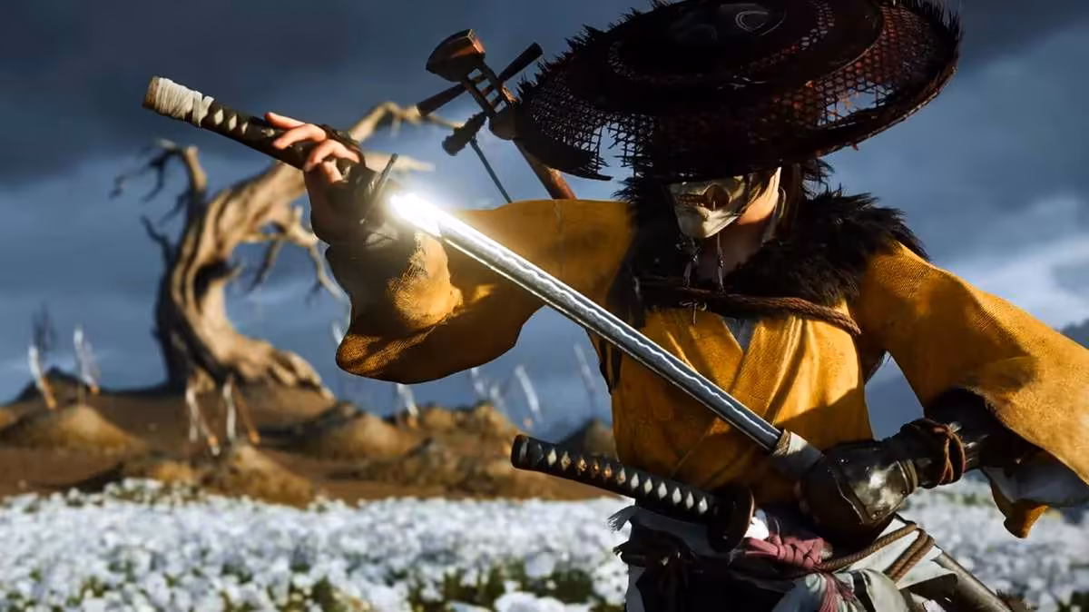Ghost of Yotei démarre sur l’émulateur PS5 SharpEmu, mais reste à 1 ou 2 FPS 2 Personnage de Ghost of Yotei armé d’un katana dans un champ fleuri