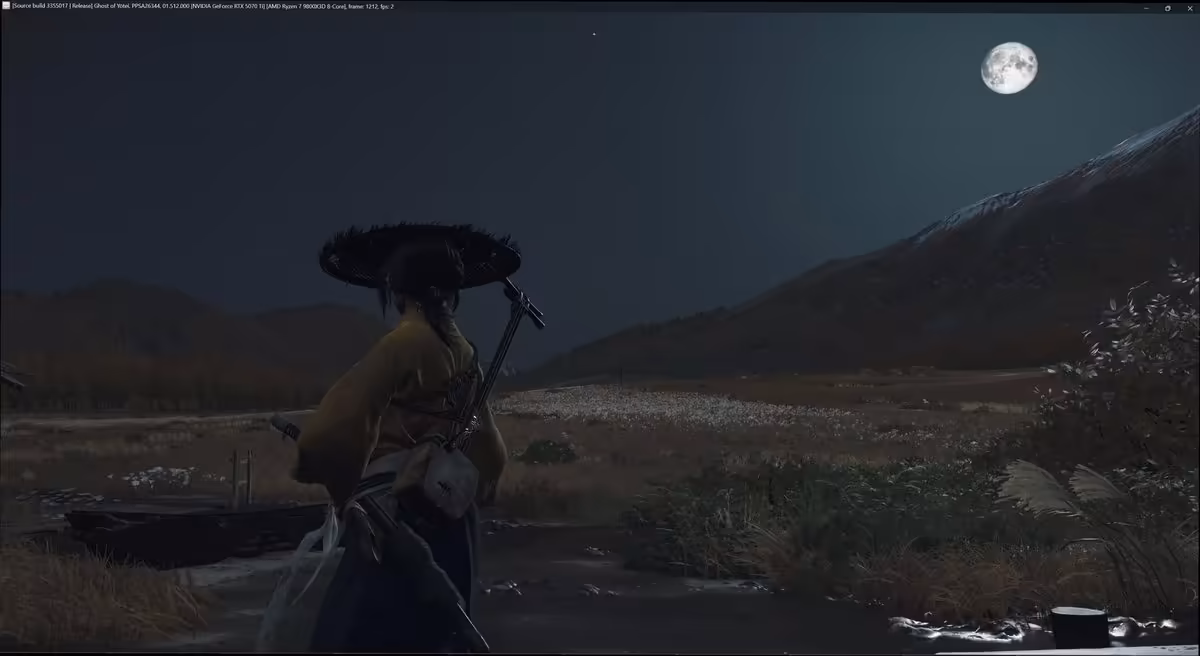 Ghost of Yotei démarre sur l’émulateur PS5 SharpEmu, mais reste à 1 ou 2 FPS 4 Paysage nocturne de Ghost of Yotei avec personnage sous la lune sur SharpEm