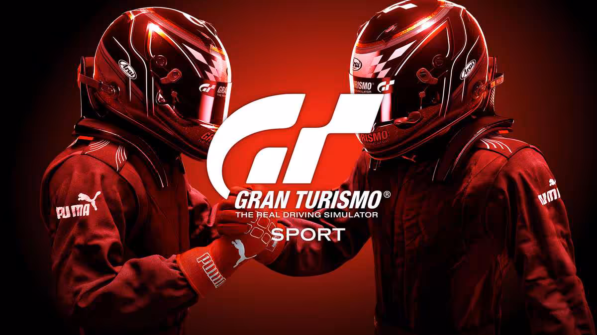 Deux pilotes casqués face à face devant le logo Gran Turismo Sport sur fond rouge