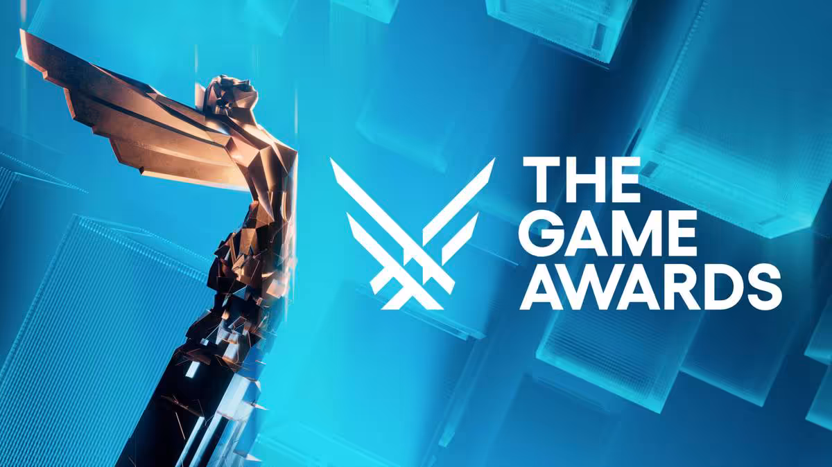 Logo officiel The Game Awards avec trophée doré sur fond bleu turquoise