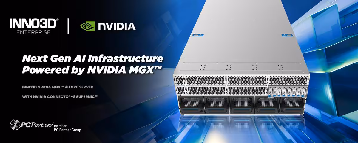 Bannière INNO3D et NVIDIA présentant le serveur AGS-4UMGX-R1, infrastructure IA NVIDIA MGX avec huit GPU