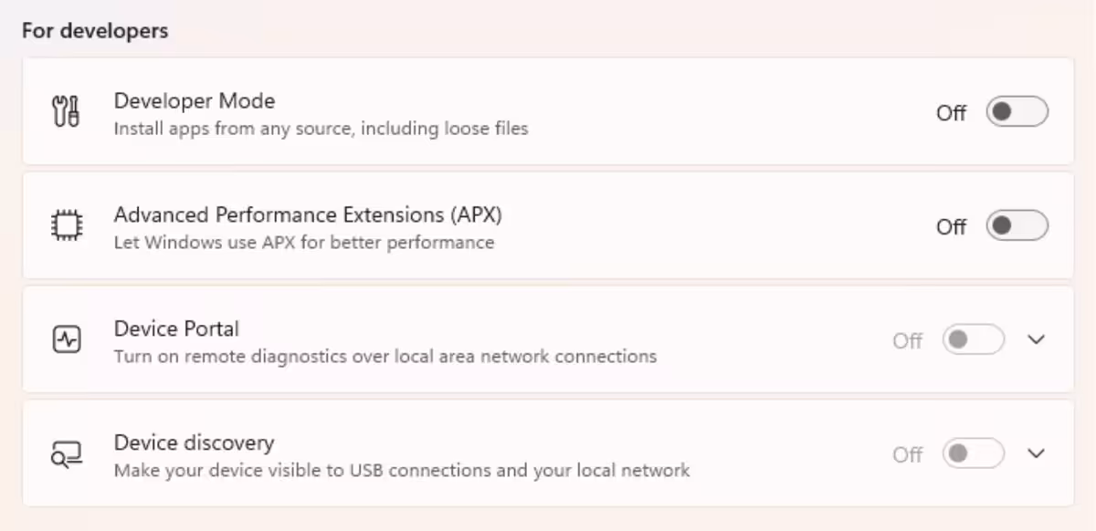 Intel APX arrive dans Windows 11, près d’un an avant les processeurs Nova Lake 2 Paramètres Windows 11 affichant l’option Advanced Performance Extensions APX désactivée