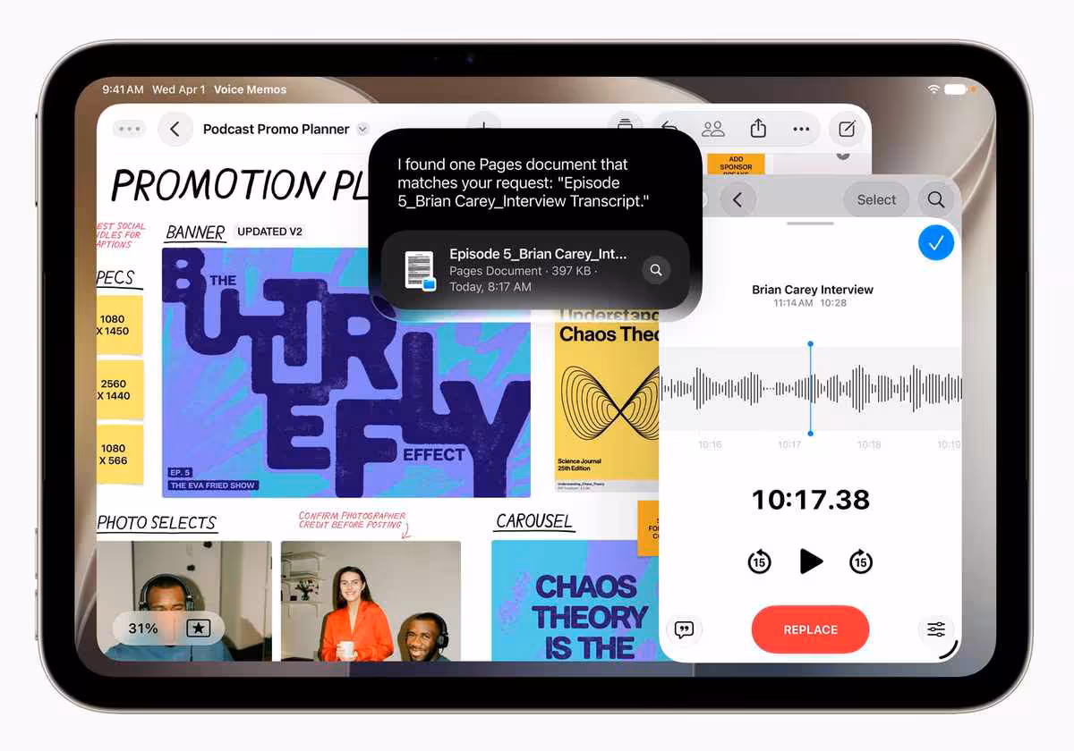 iPad mini : écran OLED 8,5 pouces, puce A20 Pro en 2 nm et certification IP67 17 iPad mini Apple montrant plusieurs applications, document promotionnel et montage audio