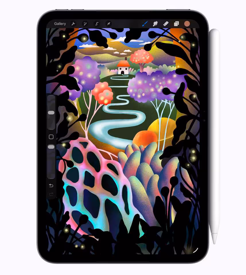 iPad mini : écran OLED 8,5 pouces, puce A20 Pro en 2 nm et certification IP67 19 iPad mini Apple avec Apple Pencil affichant une illustration colorée dans Procreate