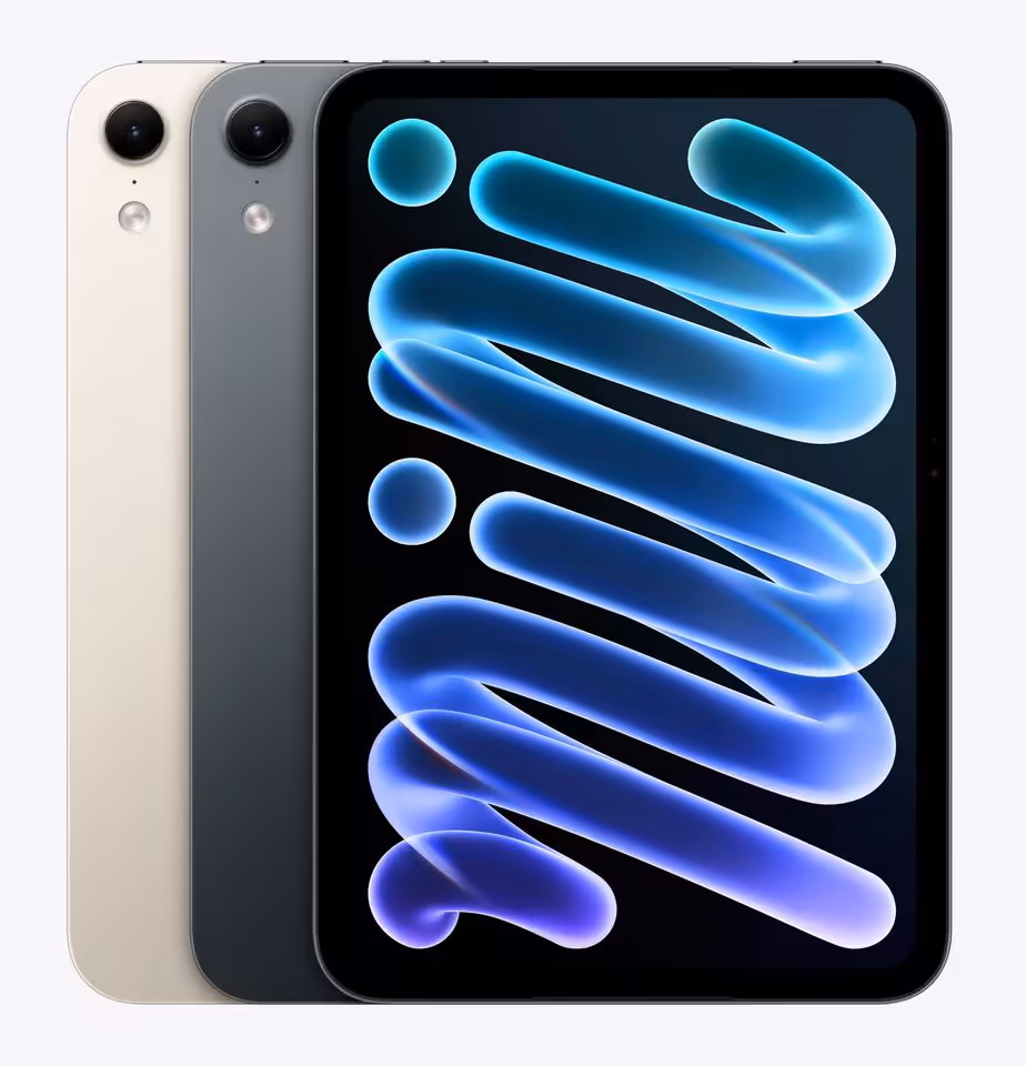 iPad mini : écran OLED 8,5 pouces, puce A20 Pro en 2 nm et certification IP67 3 iPad mini Apple bleu et beige, vues avant et arrière avec écran abstrait bleu
