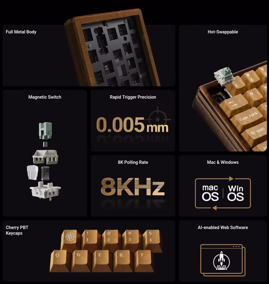 Keychron Q19 HE 8K : un clavier magnétique 60 % taillé dans l’aluminium 3 Infographie des caractéristiques du Keychron Q19 HE : switches magnétiques, hot-swap, 8 kHz et keycaps PBT