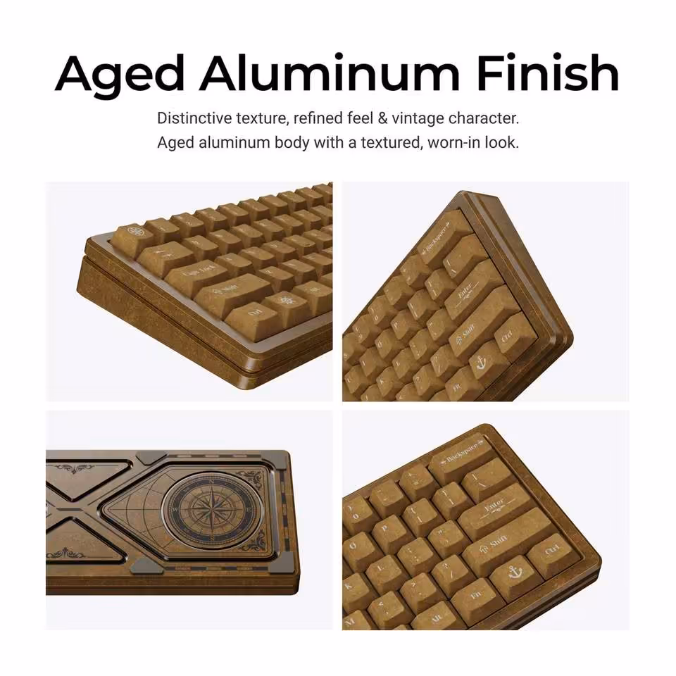 Keychron Q19 HE 8K : un clavier magnétique 60 % taillé dans l’aluminium 9 Infographie présentant la finition aluminium vieillie du clavier Keychron Q19 HE et son boîtier décoratif