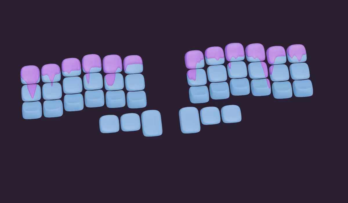 Keycaps KLP Lamé bleus et violets disposés sur fond sombre