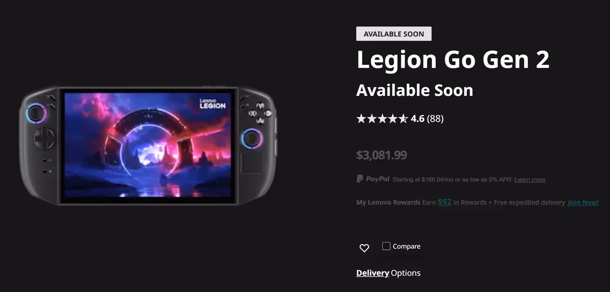 Page produit Lenovo Legion Go Gen 2 indiquant un prix de 3 089,99 dollars