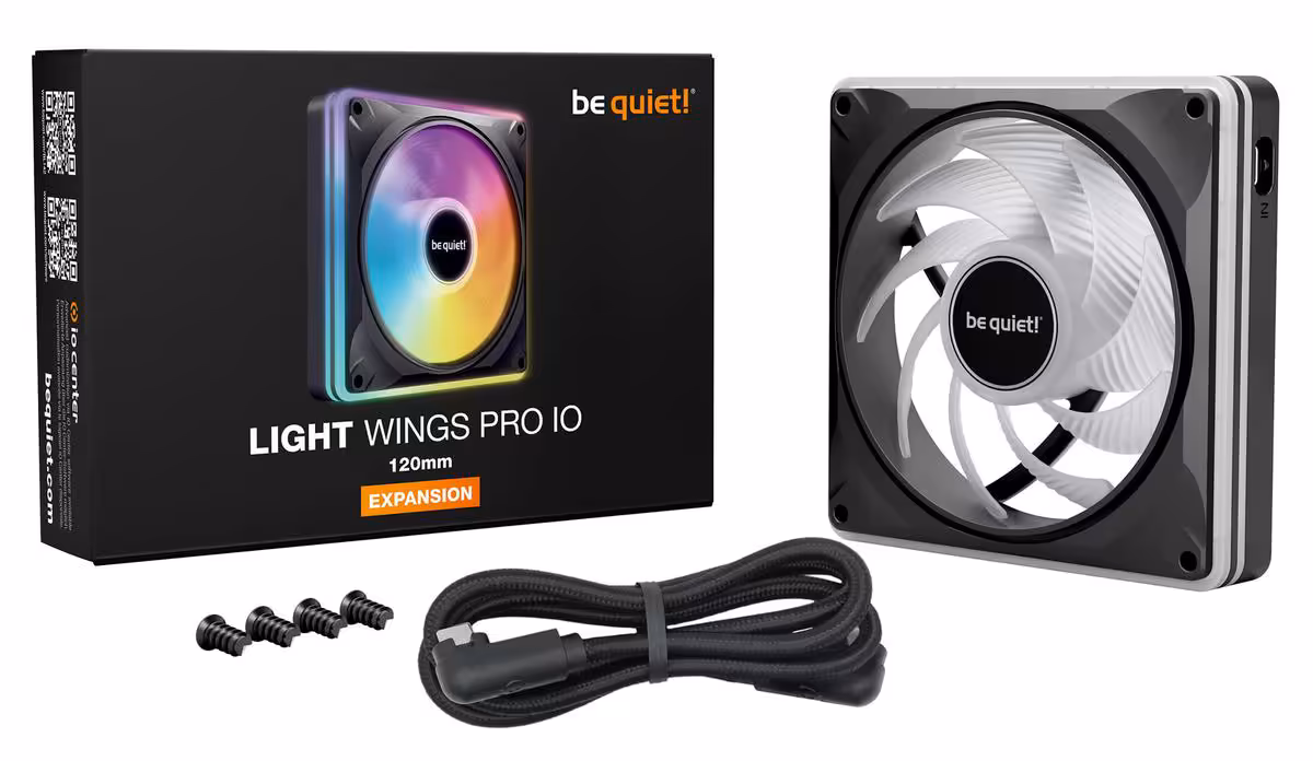 Light Wings Pro IO : be quiet! réunit trois ventilateurs dans un cadre unique 8 Pack be quiet! Light Wings Pro IO 120 mm Expansion noir avec ventilateur, câble et vis