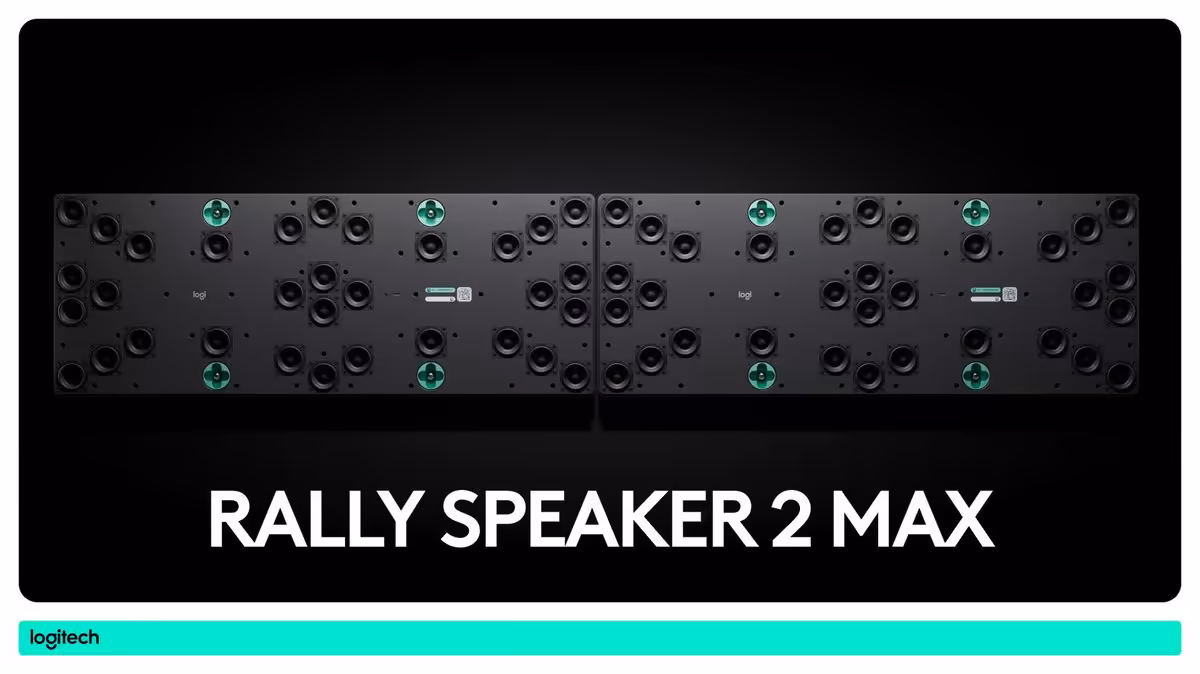 Logitech Rally Speaker 2 : le son ciblé vise les très grandes salles de réunion 2 Visuel promotionnel Logitech Rally Speaker 2 Max montrant plusieurs haut-parleurs et le texte du modèle