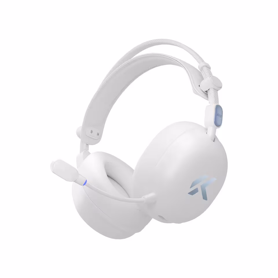 Mchose R9 : un casque gaming sans fil de 235 g annoncé à 150 heures d’autonomie 3 Casque gaming sans fil Mchose R9 blanc avec microphone amovible, vu de trois quarts
