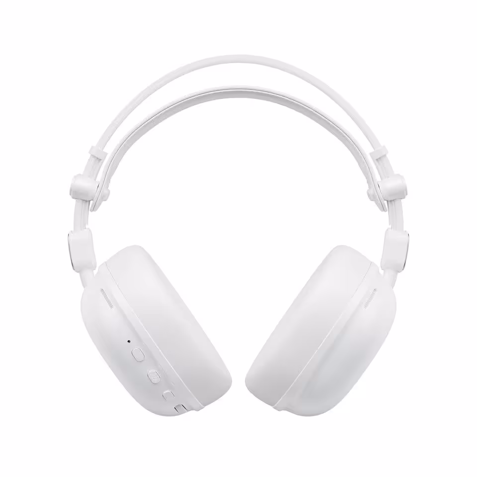 Mchose R9 : un casque gaming sans fil de 235 g annoncé à 150 heures d’autonomie 8 Casque gaming sans fil Mchose R9 blanc vu de face, commandes intégrées sous l’oreillette