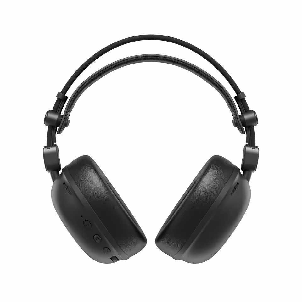 Mchose R9 : un casque gaming sans fil de 235 g annoncé à 150 heures d’autonomie 9 Casque gaming sans fil Mchose R9 noir vu de face, commandes intégrées sous l’oreillette