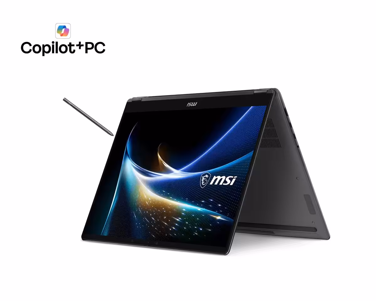 MSI Prestige N16 Flip AI+ : RTX Spark, 128 Go unifiés et écran OLED UHD+ 3 MSI Prestige N16 Flip AI+ en mode tente avec stylet, logo Copilot+ PC