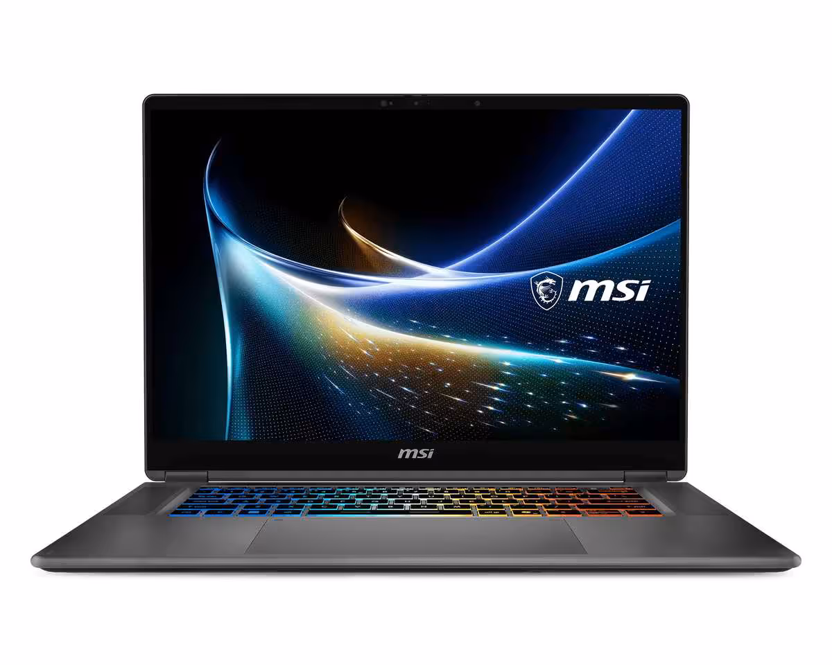 MSI Prestige N16 Flip AI+ : RTX Spark, 128 Go unifiés et écran OLED UHD+ 4 Ordinateur portable MSI Prestige N16 Flip AI+ ouvert, clavier rétroéclairé RGB et écran MSI