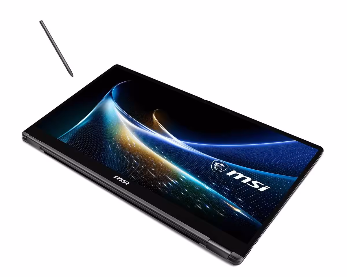 MSI Prestige N16 Flip AI+ : RTX Spark, 128 Go unifiés et écran OLED UHD+ 5 MSI Prestige N16 Flip AI+ fermé en mode tablette avec stylet et écran tactile