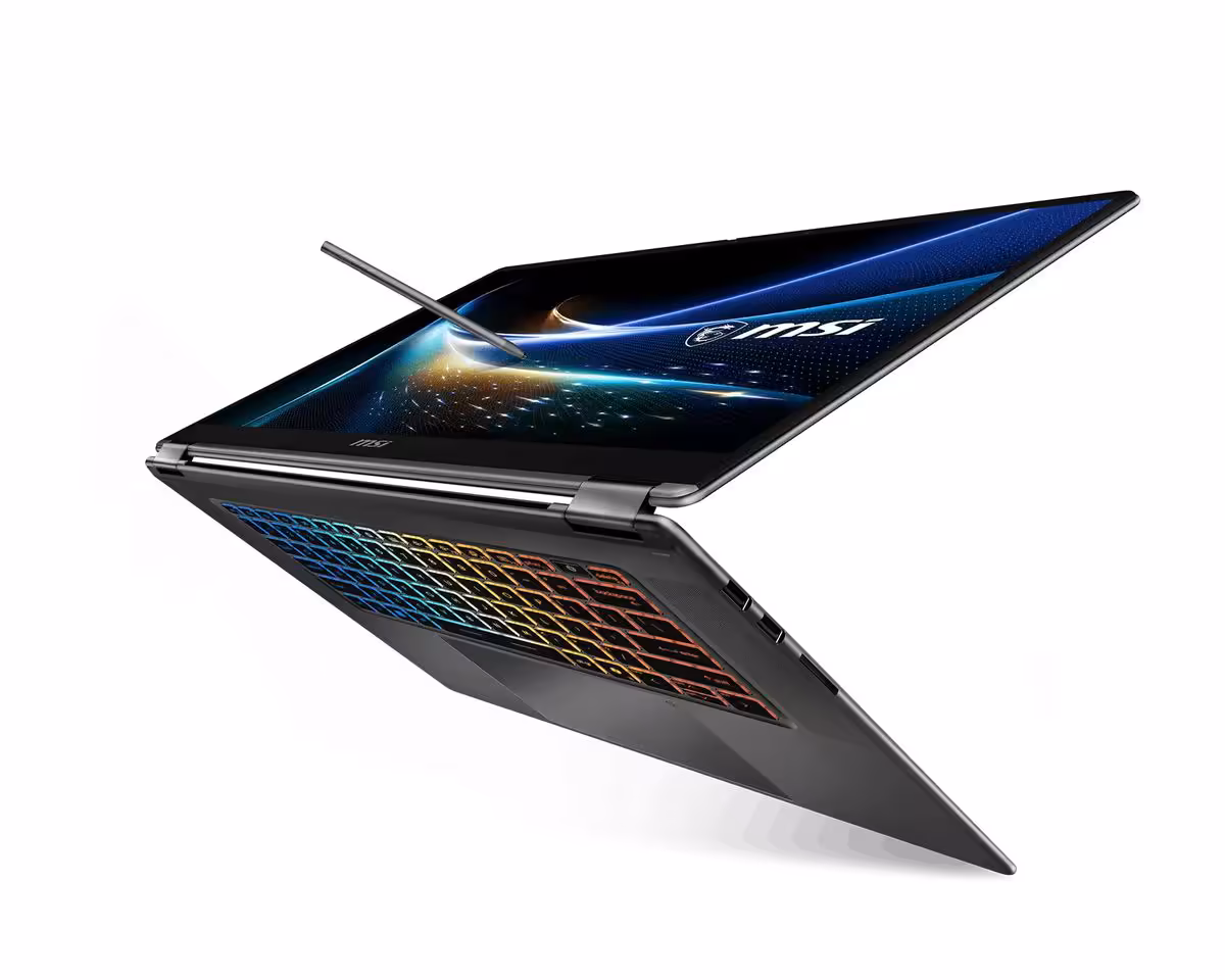 MSI Prestige N16 Flip AI+ : RTX Spark, 128 Go unifiés et écran OLED UHD+ 6 MSI Prestige N16 Flip AI+ plié en mode tente, clavier RGB visible et stylet