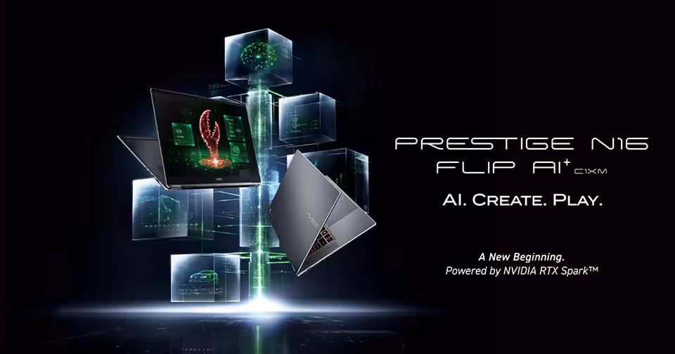MSI Prestige N16 Flip AI+ : RTX Spark, 128 Go unifiés et écran OLED UHD+ 2 Visuel promotionnel MSI Prestige N16 Flip AI+ avec ordinateur convertible et NVIDIA RTX Spark