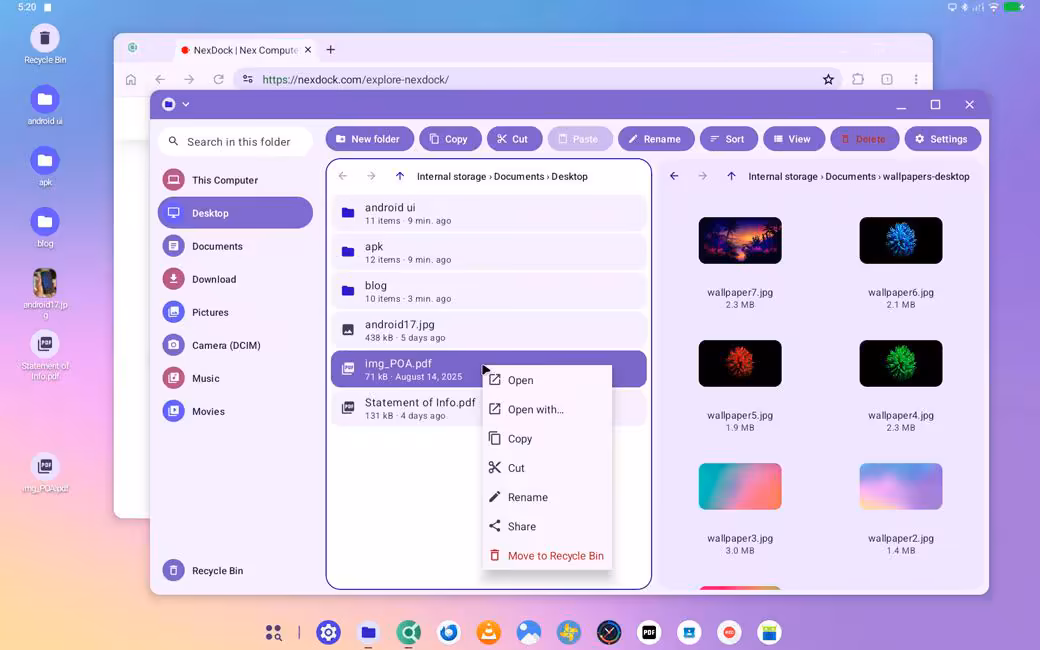NexPhone arrivera en mars 2027 avec Android 17, Debian Linux et Windows 11 6 Interface Android affichant un gestionnaire de fichiers dans un navigateur web