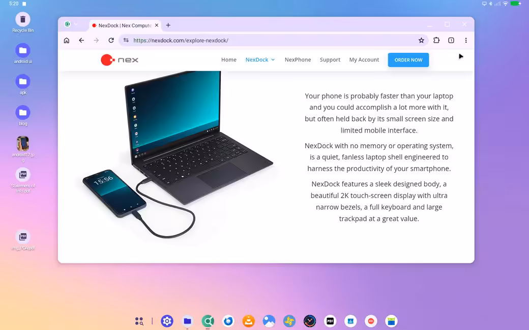 NexPhone arrivera en mars 2027 avec Android 17, Debian Linux et Windows 11 7 Page NexDock montrant un smartphone connecté à un ordinateur portable Windows