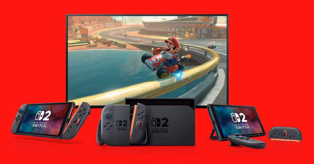 Visuel Nintendo Switch 2 avec Mario Kart, console portable, dock et manettes sur fond rouge