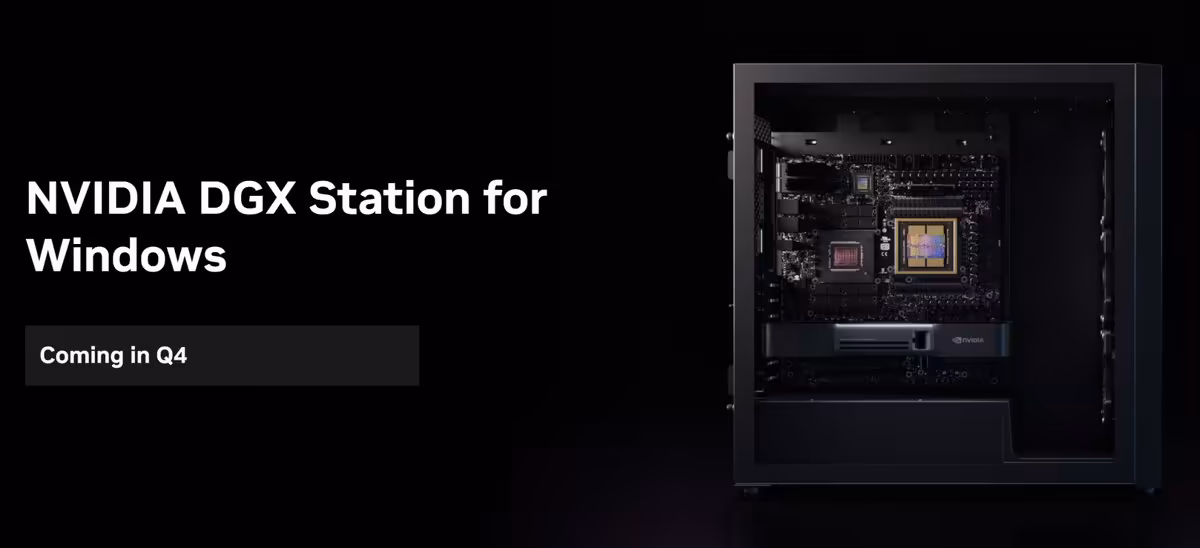 Visuel NVIDIA DGX Station for Windows avec châssis ouvert et texte Coming in Q4