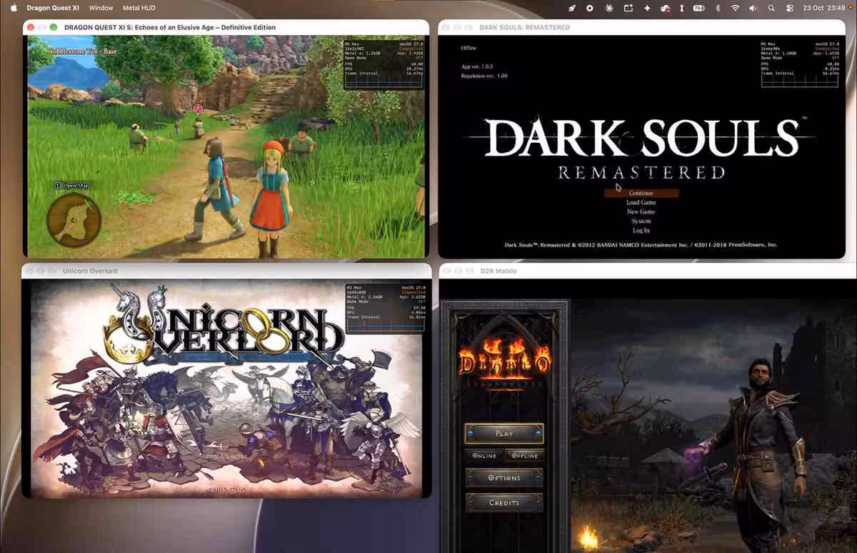 nxnative fait tourner les jeux Nintendo Switch nativement sur les puces Apple 3 Écran Mac affichant Dragon Quest, Dark Souls Remastered, Unicorn Overlord et Diablo simultanément