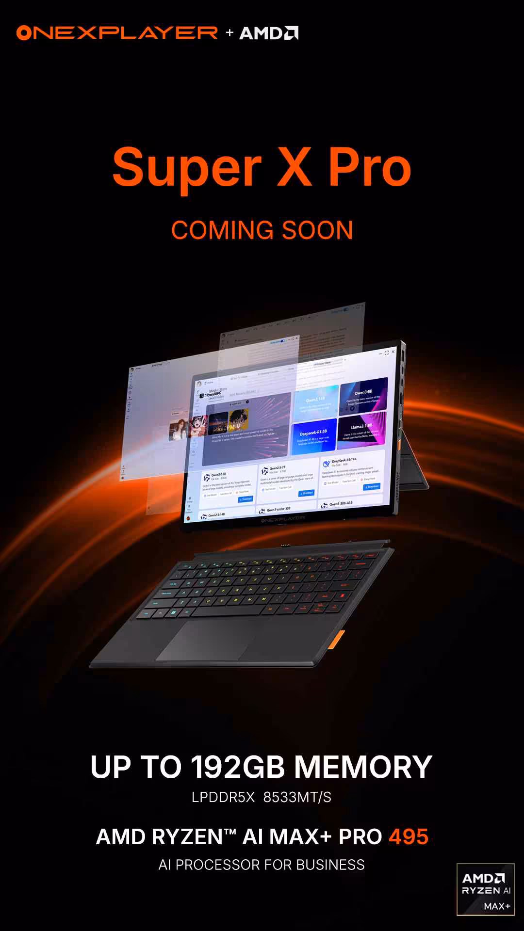 OneXPlayer Super X Pro : Ryzen AI MAX+ 495, 192 Go et refroidissement liquide 3 Visuel promotionnel OneXPlayer Super X Pro avec AMD Ryzen AI Max+ Pro 495 et 192 Go mémoire