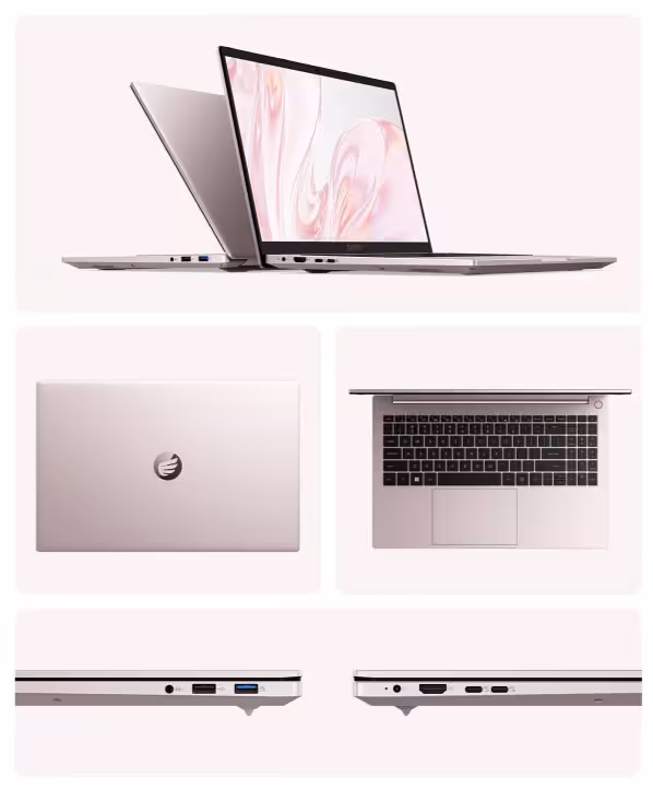 ORICO Obook 15 : un premier PC portable Ryzen 7 6800H proposé dès 689,99 dollars 4 Montage montrant l’ordinateur portable ORICO Obook 15 rose, clavier, châssis et connectique latérale