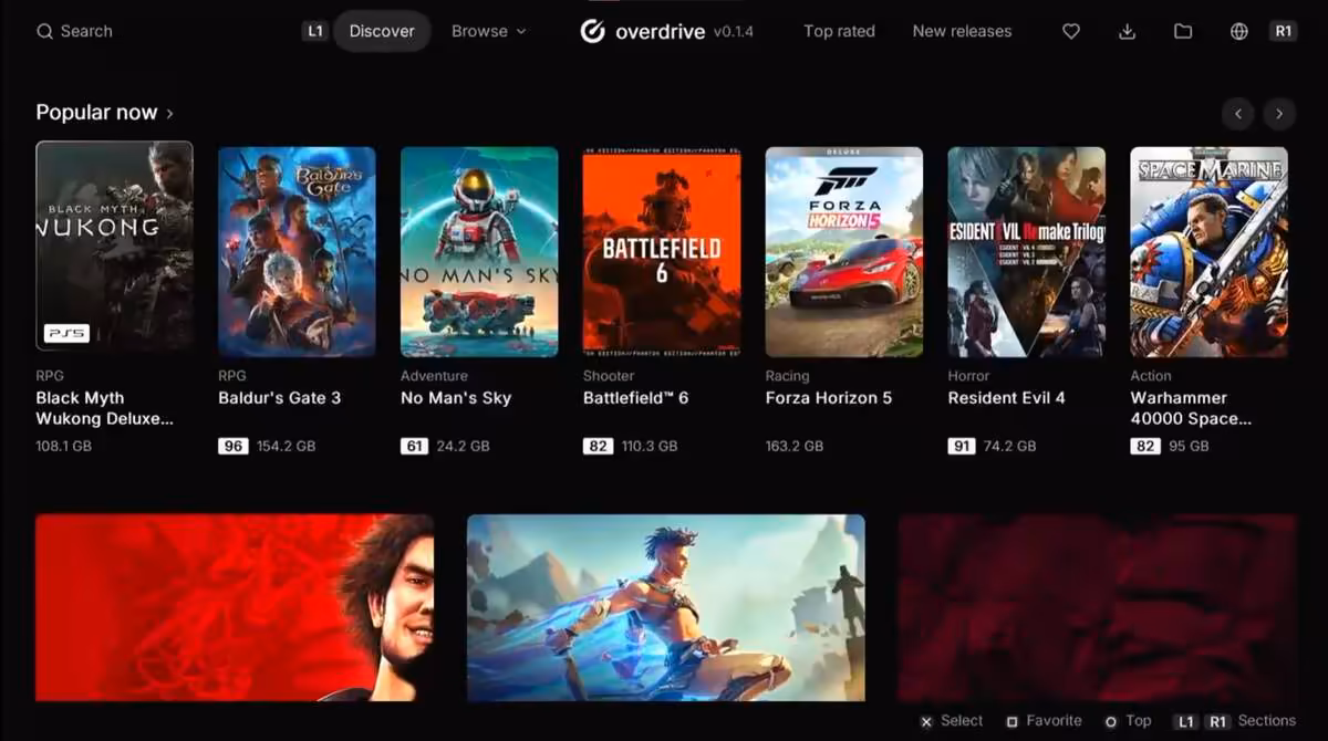 Interface sombre de la boutique Overdrive affichant des jeux PS5 populaires, dont Black Myth Wukong et Baldur’s Gate 3