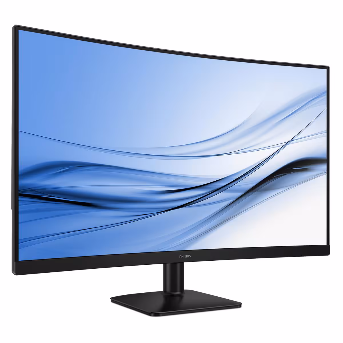 Moniteur incurvé Philips 27E3C2500 noir vu de face, affichant un visuel abstrait bleu
