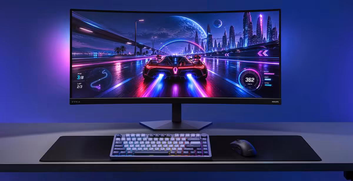 Philips Evnia 36M4C5500P : un écran gaming 36 pouces UWQHD poussé à 260 Hz 2 Écran gaming incurvé Philips Evnia 36M4C5500P dans un setup de bureau avec clavier et souris