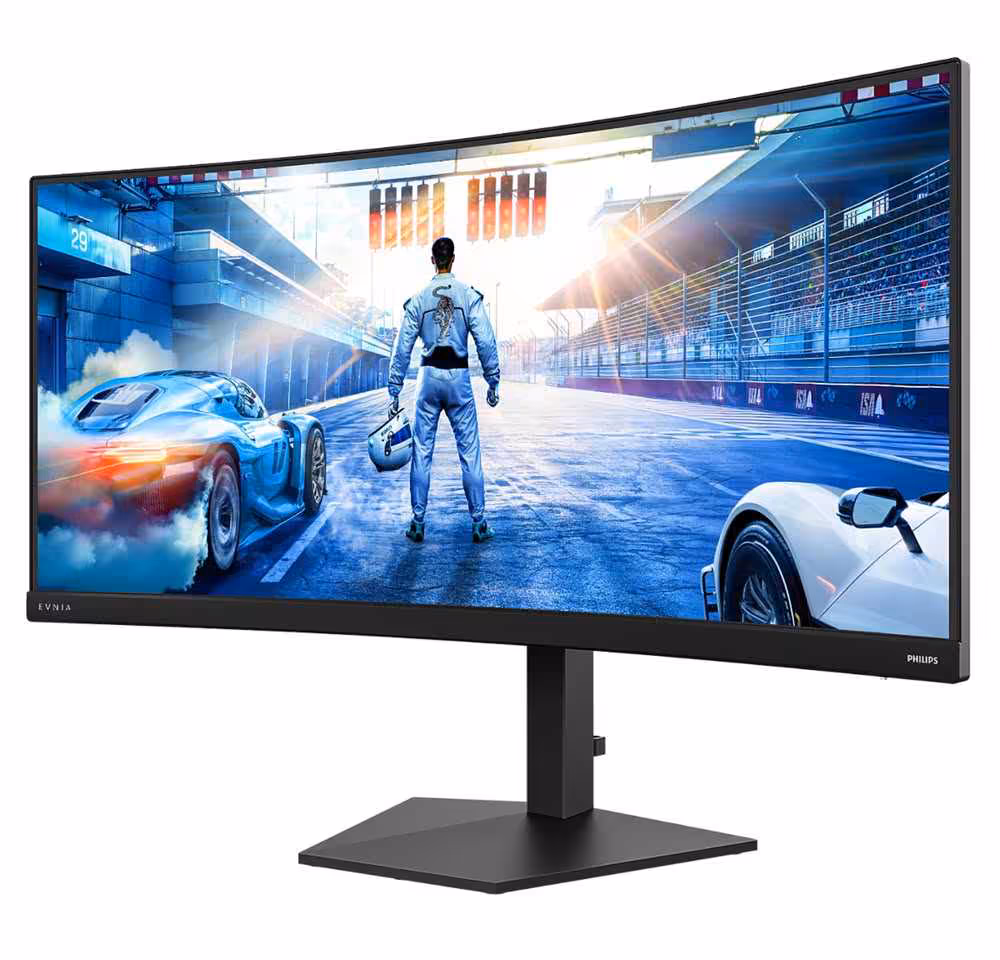 Philips Evnia 36M4C5500P : un écran gaming 36 pouces UWQHD poussé à 260 Hz 8 Vue trois quarts du moniteur gaming incurvé Philips Evnia 36M4C5500P affichant une course automobile