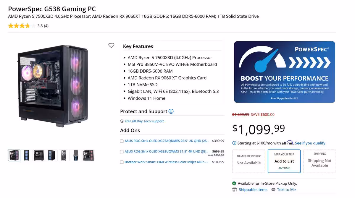 PowerSpec G538 : ce PC Ryzen X3D et Radeon 16 Go chute à seulement 1 099 dollars 2 Fiche produit PowerSpec G538 Gaming PC avec Ryzen 7 5700X3D et Radeon RX 9060 XT 16 Go