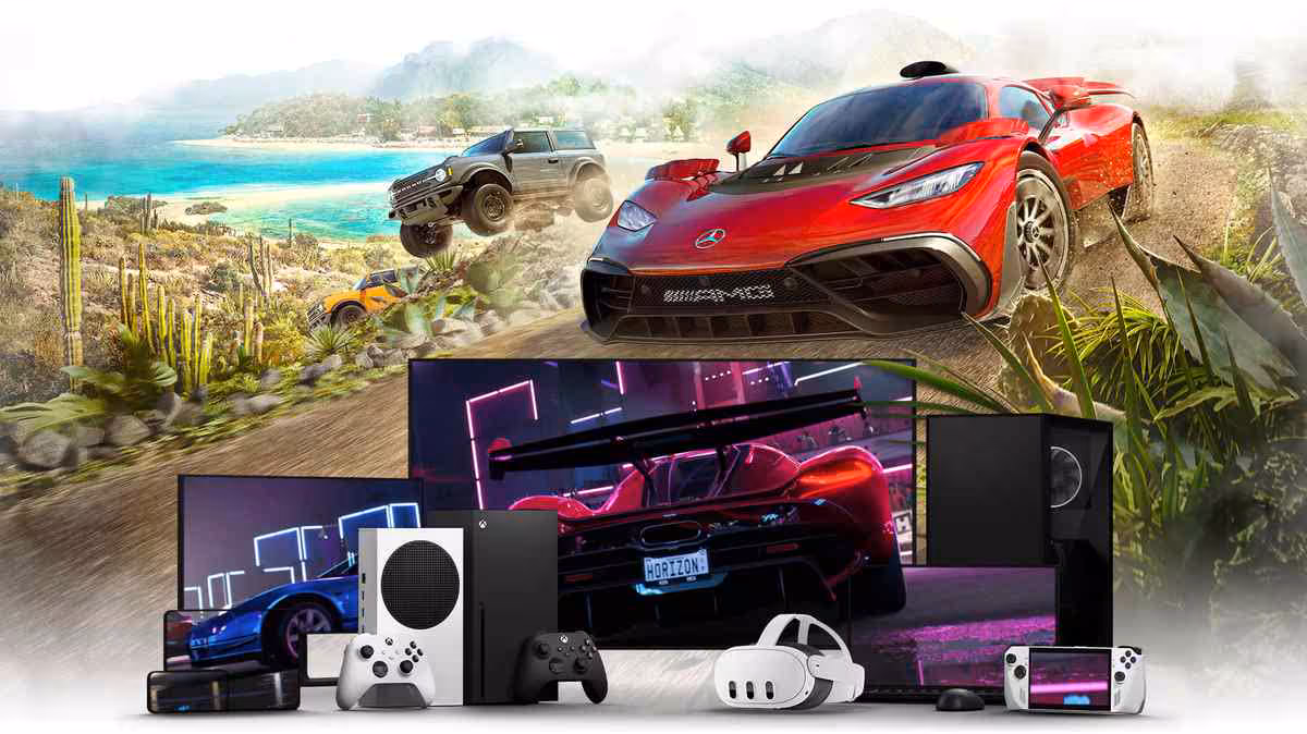PSBox transforme une PS5 jailbreakée en client Xbox Cloud Gaming avec upscale 4K 2 Montage promotionnel Xbox montrant consoles, manettes, écran et voitures de course Forza Horizon
