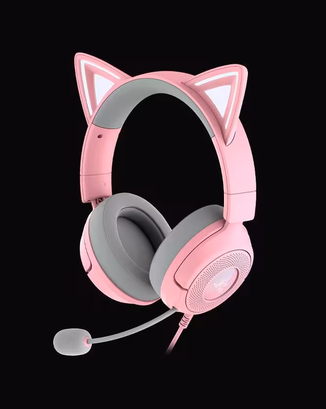 Casque gaming filaire Razer Kraken Kitty V3 rose avec oreilles illuminées et microphone