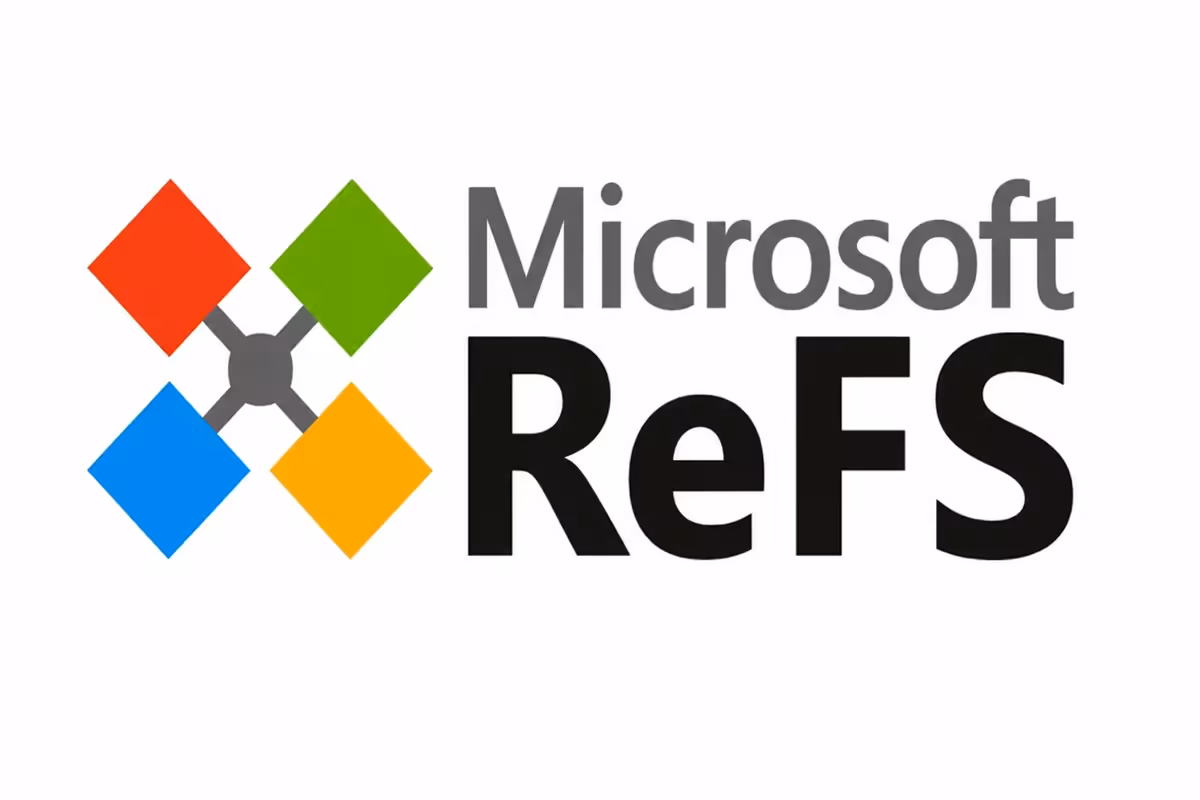 Logo Microsoft ReFS sur fond blanc avec icônes colorées Microsoft